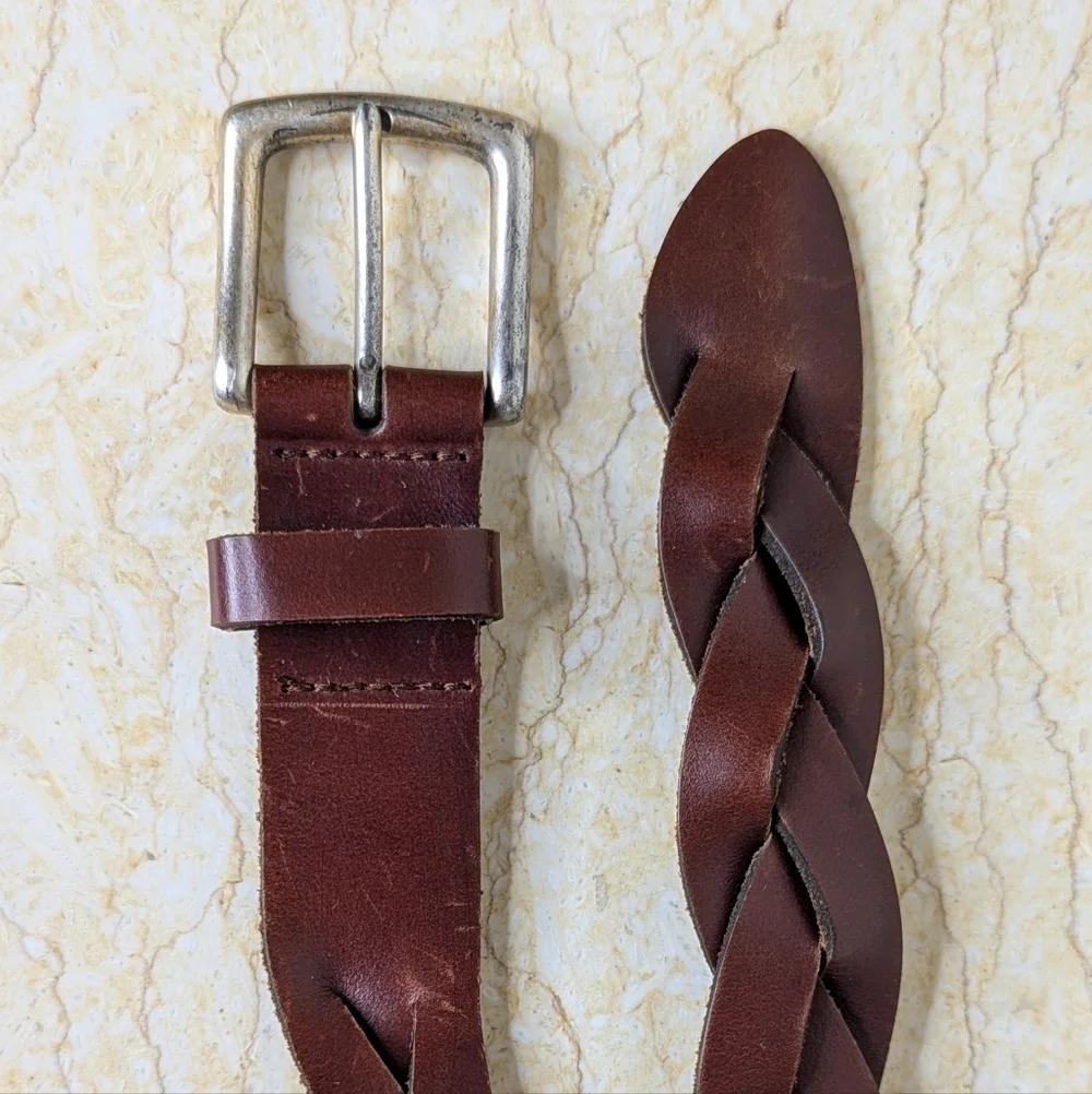 Vintage Gap Braided Dark Brown Leather Silver Tone Brass Buckle Belt Size L